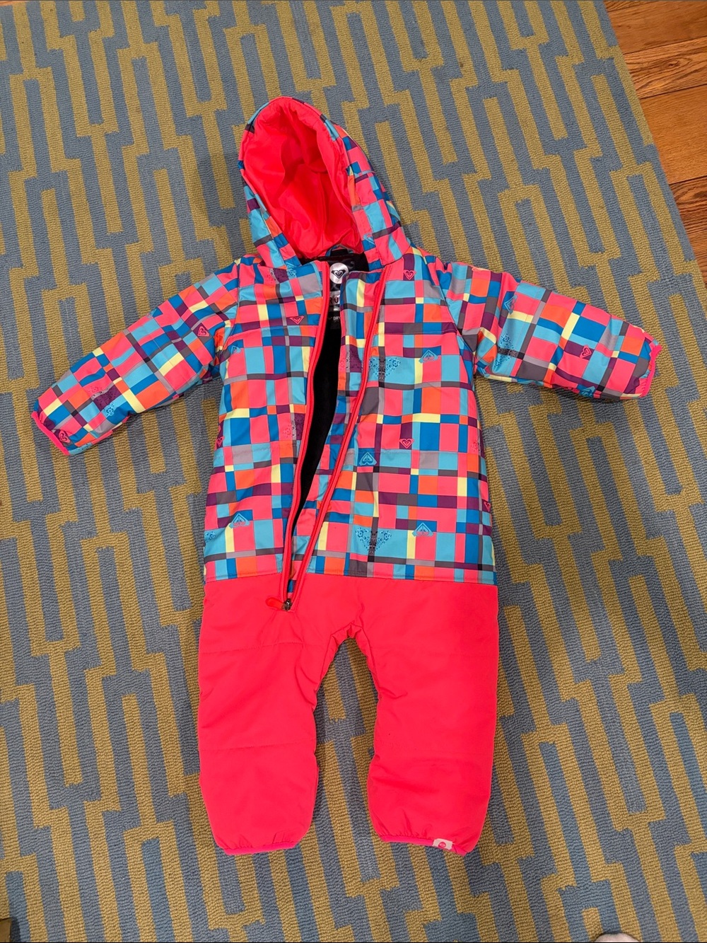 Roxy Kids One-Piece Snowsuit in Multi-Color Plaid and Coral